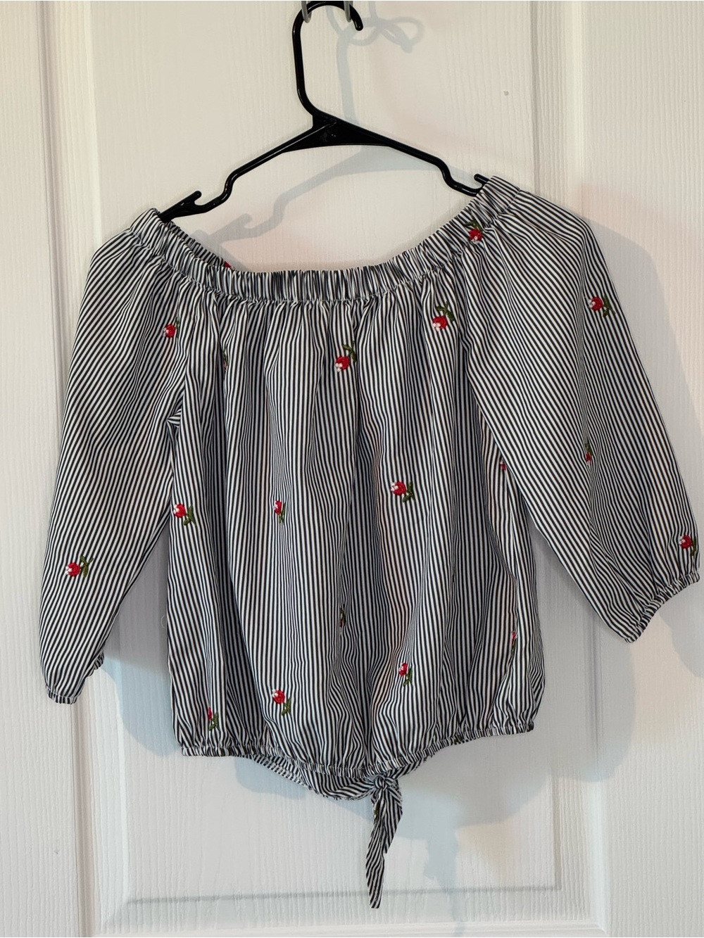 Striped Off-Shoulder Peasant Top with Cherry Embroidery - Black/White